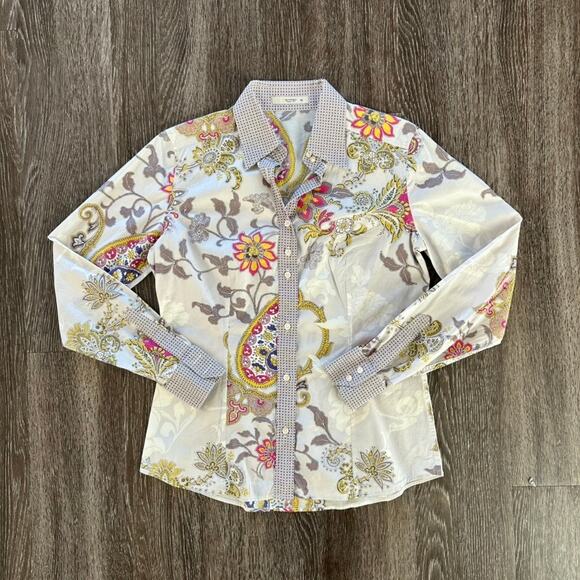EUC Etro Floral Paisley Button Down Shirt US 6 Long Sleeve Cotton Stretch Top - Picture 13 of 14